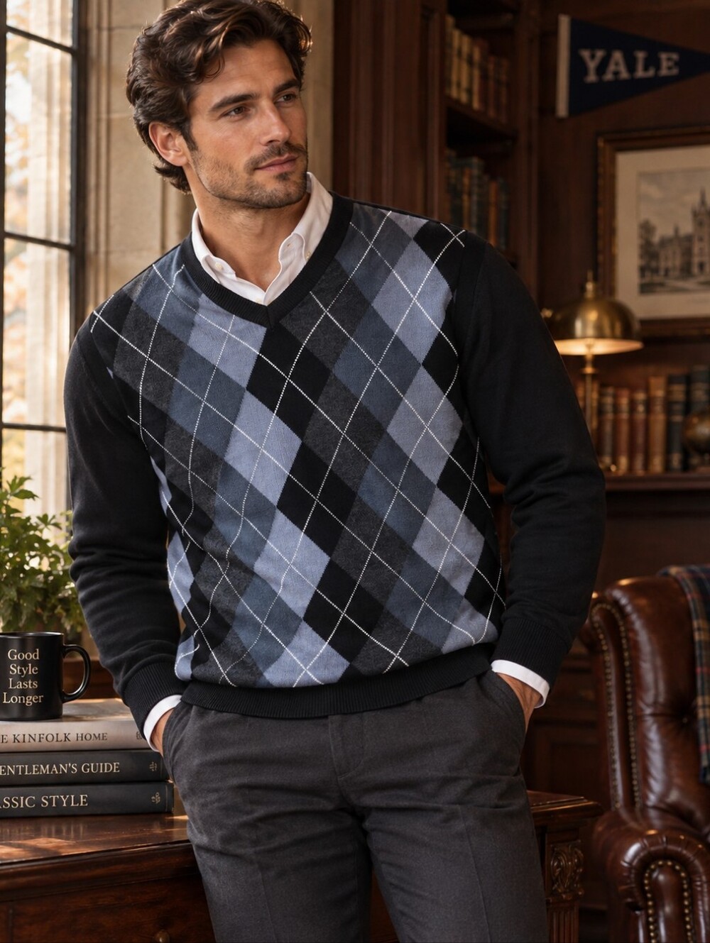 Pure Stuff Men’s L Argyle V-Neck Sweater 100% Cotton Retro Preppy Grandpa Core